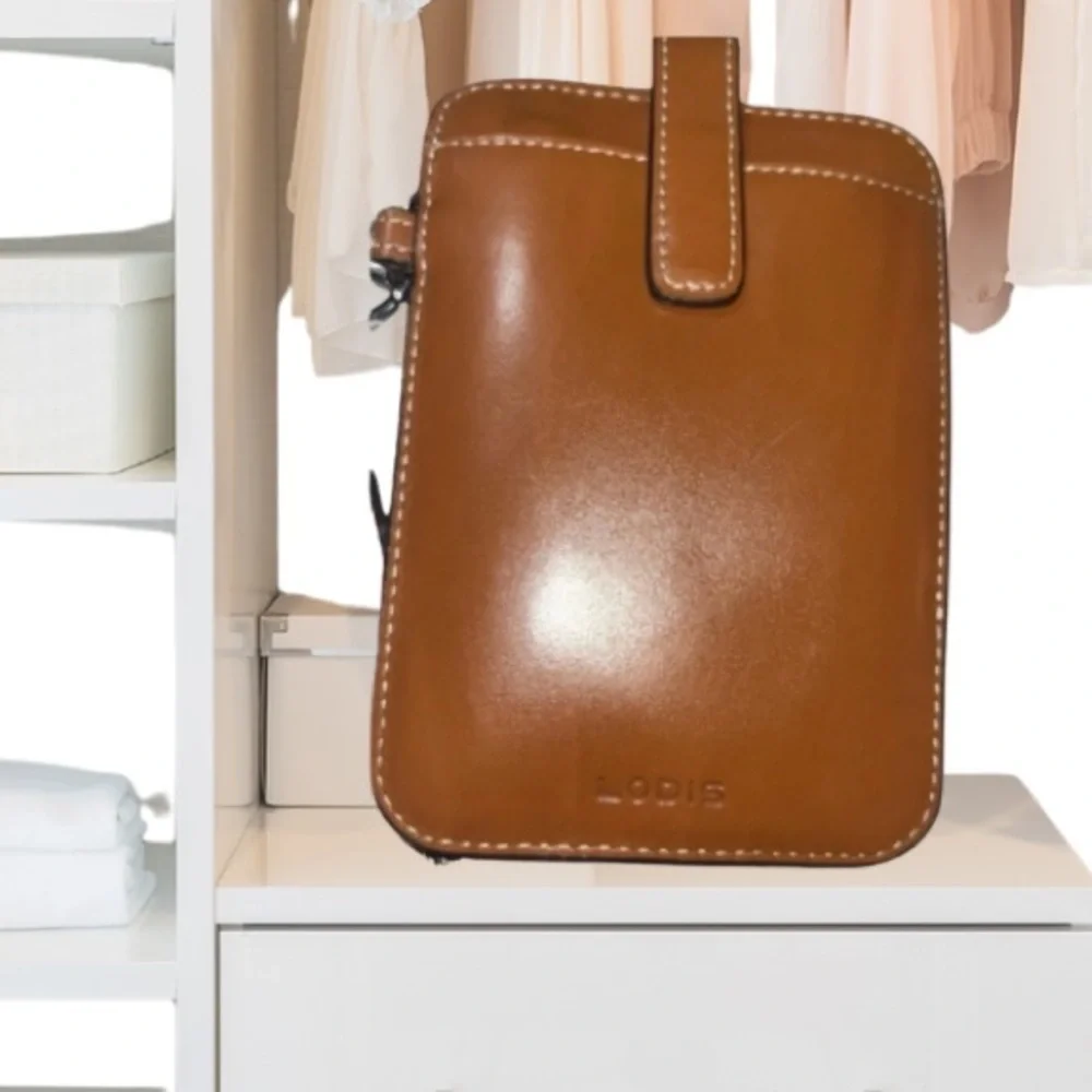 Lodis Tan Leather Small Wallet w/Clear ID slot, wristlet strap, and coin pouch